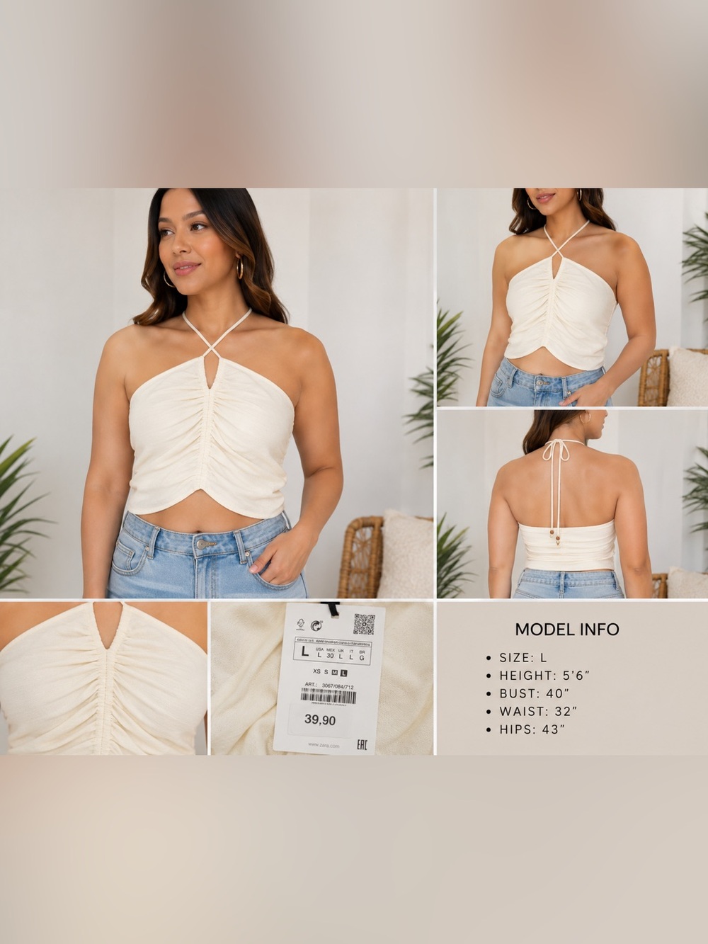NWT Zara Cream Ruched Halter Crop Top Size L | Tie Neck Backless Cottagecore